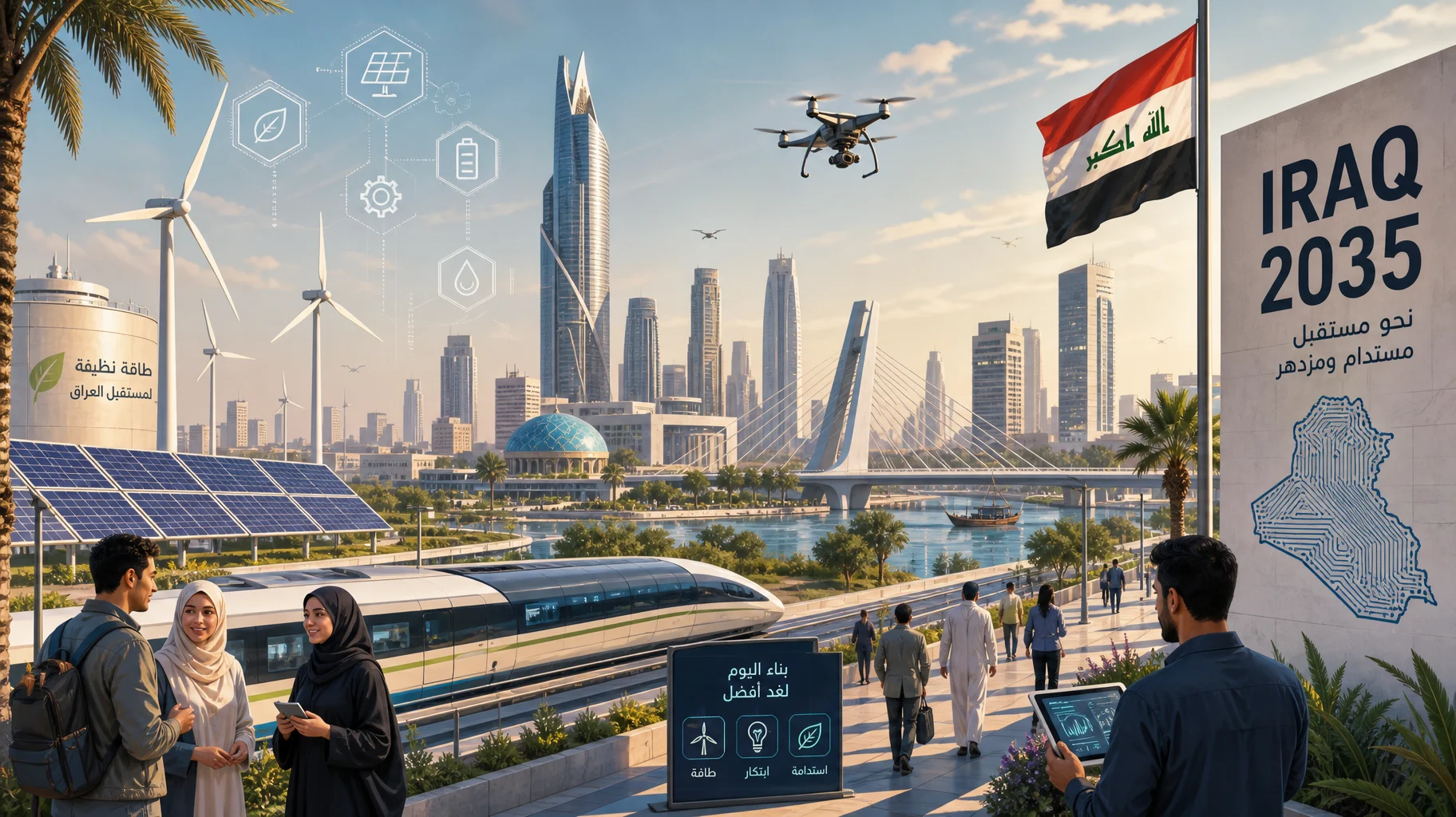 Concept illustration of a future Iraqi city with renewable energy, transport and digital infrastructure